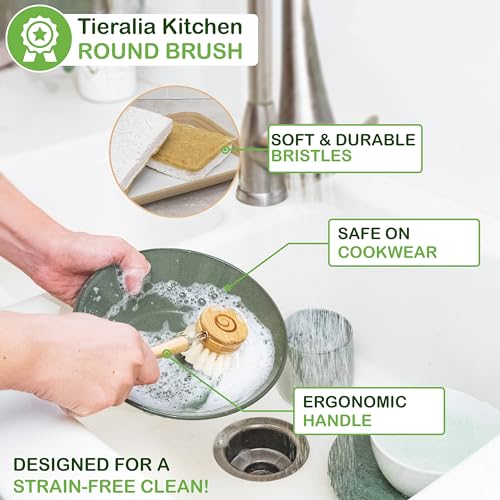 Tieralia Bamboo Dish Brush Gift Set – 5-Piece Kitchen Cleaning Set with Bottle Brush, Round Scrub Brush, Palm Brush & 2 Plant-Based Sponges | Wooden Handle Cleaning Tools for Dishes & Surfaces