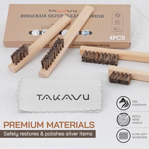 TAKAVU Horsehair Detail Brush Set, Silver Cleaning Brushes & Polish Cloth for Silverware Plateware Jewelry - color: 4pcs Horsehair Brush Set