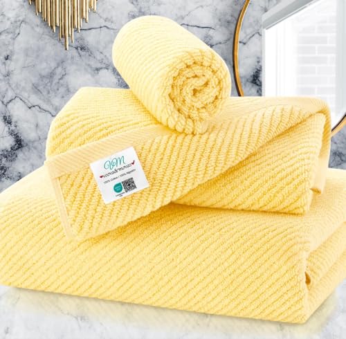 Yellow Towels for Bathroom - 100% Cotton | Quick Dry | Soft | Thick | Large, 3 Piece Towel Set, 1 Large Bath 30" x 56", 1 Hand 18" x 28", 1 Wash Cloth 13" x 13", Bathroom Essentials, Lemon Glow - color: Lemon Glow, size: 3 PC Bathroom Towel Set