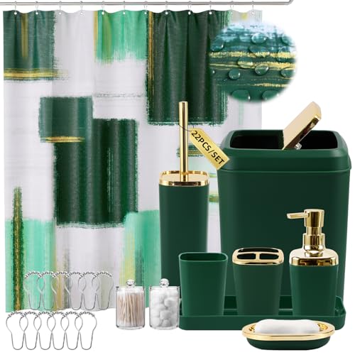 XLHOMO Green and Gold Bathroom Accessories Set, Bathroom Sets with Shower Curtain, Green Bathroom Accessories with Trash Can, Soap Dispenser, Soap Dish, Toilet Brush Holder, Qtip Holders - color: Plaid Green & Gold, size: Complete Set