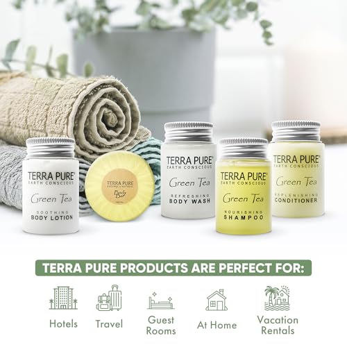 Terra Pure Hotel Soaps and Toiletries Bulk Set | 1-Shoppe All-In-Kit Amenities for Hotels | 1oz Hotel Shampoo & Conditioner, Body Wash, Body Lotion & 1.25oz Bar Soap Travel Size Toiletries | 75 Pieces - style: 75 PIECES