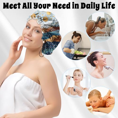 Luxury Shower Cap Satin Lined Reusable Waterproof Double Layer Elastic Adjustable Hair Bath Cap Cute Aesthetic Women Girls-Mountain - color: F18-Mountain