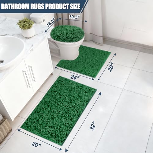 Bathroom Rugs Sets 3 Piece with Adjustable Toilet Seat Cover 19.5"x 18.5" Machine Washable Bath Rug Set with TPR Non Slip Rubber Backing Solid Bath Mat Set for Luxury Bathroom Decoration - color: Green