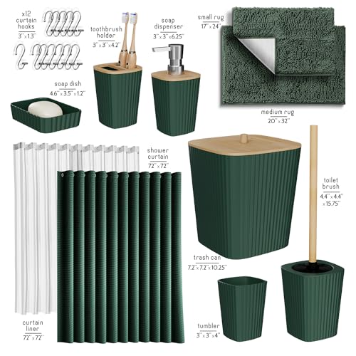 Clara Clark Bathroom Accessories Set - Bathroom Set, Bathroom Sets with Shower Curtain and Rugs, Shower Curtain Set with Bathroom Trash Can - Green - 22PC - color: Hunter Green, size: Complete Set + Bath Rugs