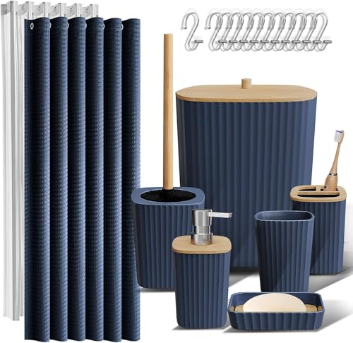 Bathroom Accessory Set 7 Pcs, Plastic Bathroom Set with Bamboo Cover Include Soap Dish, Toothbrush Holder, Mousewash Cup, Shower Curtain Set, Soap Dispenser, Trash Can & Toilet Brush - color: Blue, size: 7pack