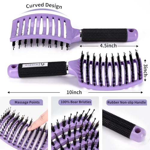Boar Bristle Hair Brush Set of 2, HIPPIH Wet & Dry Hair Brushes Made by Fine Natural Boar Hair Can Adds Shine and Smoothing, Detangling Hairbrush for Women, Men & Kids' Long Curly Thick Hair - color: Purple & Pink