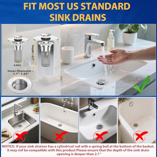 2PCS Bathroom Sink Stopper Strainer, Pop-Up Bathroom Sink Drain Strainer with Removable Stainless Steel Hair Catcher Basket, Universal Fit for US Bathroom Sinks, Bathtubs, Showers & Floor Drains - color: 2pcs