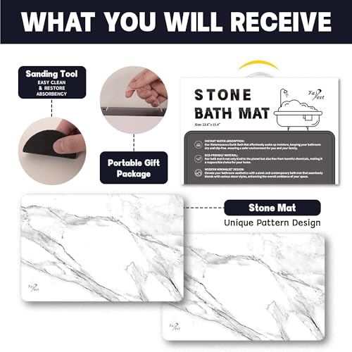 2 Pack Stone Bath Mat - Diatomaceous Earth Bath Mat Fast-Drying Stone Drying Mat Super Absorbent Diatomite Mats for Bathroom, Dish Drying, Bathtub (White Marble & Heart) - color: White Marble+heart-24*16