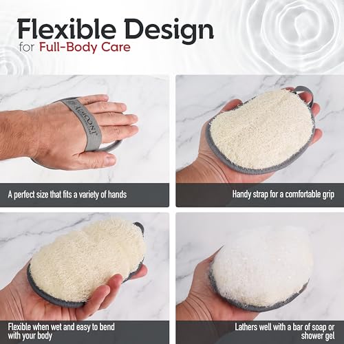 Almooni Natural Exfoliating Loofah for Men, Lightly Abrasive Egyptian Loofah Body Scrubber for Men, Dual-Sided with Cotton Back, Hand Strap, Gray, 2-Count - style: Gray