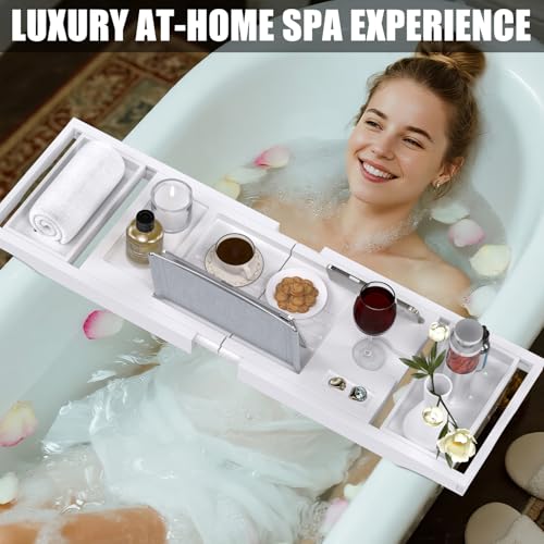Bathtub Tray Caddy, Expandable Bath Trays for Tub, Bamboo Shelf & Table with Wine Glass Holder,Bathroom Accessories for New Home & Mothers Day & Birthday Gifts for Mom,White - color: White