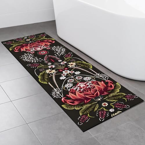 Retro Plant Bath Mat Leaves Floral Bathroom Rugs Funny Non Slip Bathtub Decor Mats Super Absorbent Floor Carpet Machine Washable Quick Dry Bahtmat for Tub, Shower, Bedroom，Kitchen，17.7"x47.2" - color: Red Green Black, size: 17.7"x47.2"
