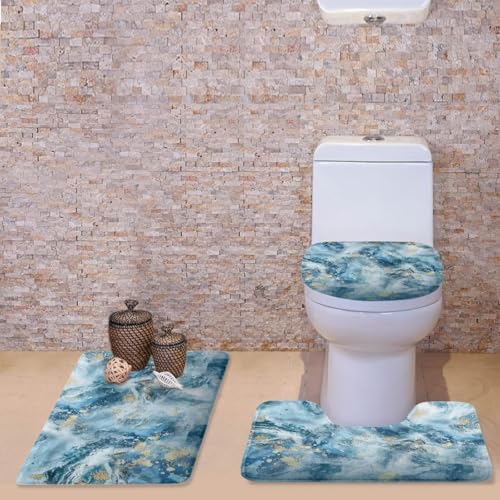 Blue Marble Texture Bathroom Rugs Sets 3 Piece Toilet Cover and Rug Set Toilet Seat Cover and Rug Set Toilet Lid Cover with Non-Slip Bottom Toilet Lid Cover Set with U-Shaped Rug - color: Blue Marble Texture