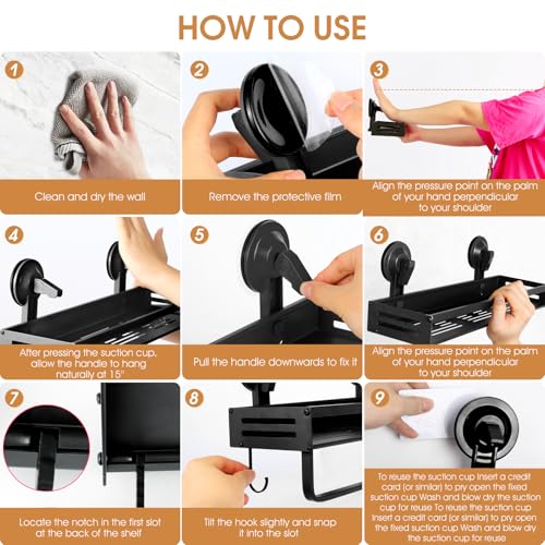 Suction Cup Shower Caddy, 15.7 inch Extended Version, with 5 Hooks & Towel Rrack, No Drilling Required, Rust-Resistant Bathroom Shower Organizer, Black - size: 15.7 inches(US)