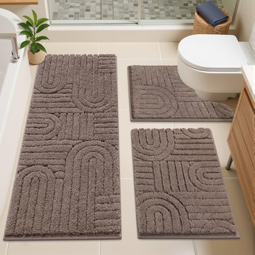 Vaukki Bathroom Rugs Sets 3 Piece, Brown Washable Non Slip Soft Bath Mats for Shower and Tub, Plush Absorbent Microfiber Toilet Rug U Shaped, 48x20+26x18+24x20 Inch - color: Brown, size: 18''x26''+20''x48''+20''x24''