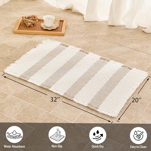 Waffle Bath Mat Non Slip, Boho Bathroom Rug, Super Absorbent Quick Dry Bathroom Mat, Soft Farmhouse Bath Rug with Tassels, Small Washable Shower Mats for Floor 20"x32", White and Taupe - color: Taupe and White, size: 1'8" x 2'8" (Rectangular)