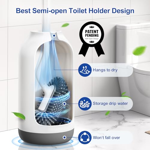 HAMITOR Toilet Bowl Brush Holder Set: 2Pack Deep Cleaning Silicone Toilet Scrubber Under Rim with Curved Bristle for Bathroom Dead Corner Clean - Modern Rv Decorative Accessories - color: White, size: 2Pack