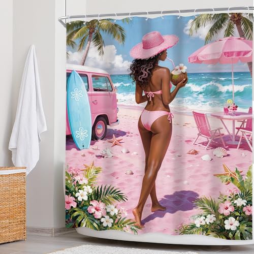 Newsely Pink Coastal Shower Curtain 60Wx72L Inch Summer Beach Coconut Trendy Girly Aesthetic Pretty Starfish Floral Botany Seashell Bathroom Set Waterproof Bath Decoration Accessories Home Decor - color: E-01pink, size: 60"W x 72"L (Pack of 1)