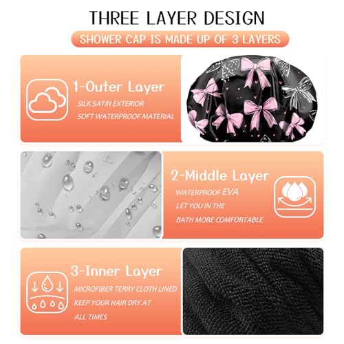 Luxury Shower Cap Terry Lined Reusable Triple Layer Waterproof Hair Elastic Caps Shower Bath Hat for Women Girls Cute Aesthetic-Bowknot - color: AL19-Bowknot