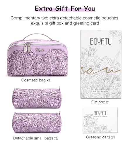 BOYATU Travel Makeup Bags Cosmetic Organizer Bag: 3 Pcs Set Large Capacity Floral Make up Bag with Compartments - Waterproof Leather Toiletry Bags with Handle for Women (21-Purple) - color: 21-Purple