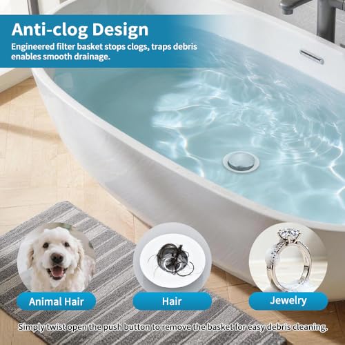 Universal Pop-Up Bathtub Stopper with Clog-Proof Strainer, Bath Drain Plug (Fits 1.4-1.6 Inch Drains)