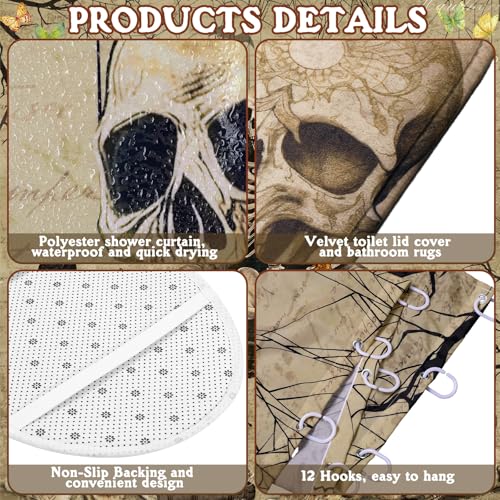 FuWeave 8 Pcs Gothic Shower Curtain Set for Bathroom Include Vintage Skeleton Towels Non Slip Skull Rugs Toilet Lid Cover Spooky Spider Web Bath Mat and 12 Hooks for Gothic Bathroom Decor - color: Gothic Skeleton