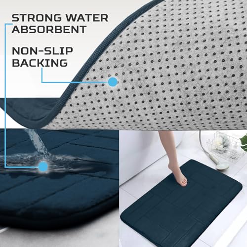 Bathroom Rug Set 5 Piece - Memory Foam Bathroom Mat Set, Soft and Comfortable, Non-Slip Thick Absorbent Bath Mats, Machine Washable, Navy Blue - color: Navy Blue/ Line Design