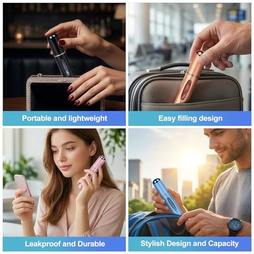 CoguZed 4 Pack 5ml Refillable Perfume Atomizer Empty Bottles, Travel Size Cologne Dispenser with Visual Window, Bottom Fill Mini Scent Spray Pump for Men and Women