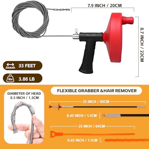 Drain Auger 33 ft, Plumbing Snake Hair Clog Remover Drain Snake Flexible Grabber Heavy Duty Sink Cleaner Tools for Shower Bathtub Bathroom Kitchen Pipe, Red - color: Red