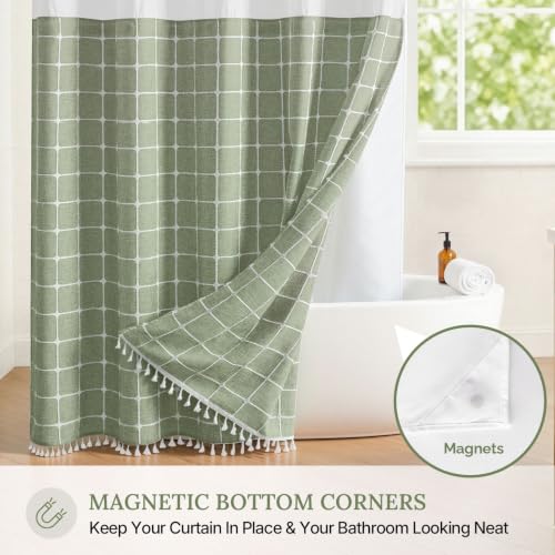 River Dream Sage Green Farmhouse Shower Curtain with Snap-in Liner, No Hooks Needed,with Magnets,with Tassels,Water Repellent&Machine Washable,36x74Inch - color: Sage Green-window, size: 36"W x 74"L (Pack of 1)