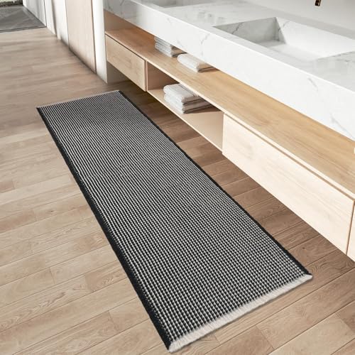 Upgraded Waffle Runner Rug, Super Absorbent Non Slip Bath Mats for Bathroom Floor, Washable Bathroom Runner Rug with Tassels, Ideal for Hallway Bedroom Laundry Room, Black & Cream, 2'x 6'(24" x 72") - color: Black & Cream, size: 2' x 6' (Runner)