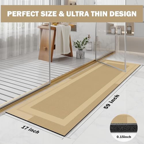 YDKGL Non Slip Long Bathroom Runner Rug Bath Mat, Rubber Backing Ultra Thin Bathroom Rugs Fit Under Door Quick Dry Super Absorbent Washable Shower Mat for Bathtub Sink Floor, Brown 17"x59" - color: A- Brown, size: 17” x 59“