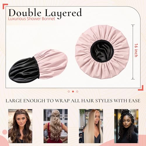 Extra Large Shower Cap for Women, Reusable Waterproof Shower Bonnet with Satin Lining, Double Layer Washable Bath Hair Cap for Braids, Locs, Long Thick Curly Hair, Natural Hair(Big Pink) - color: Pink