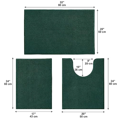 Urvoix Bathroom Rugs Sets 3 piece, Non-Slip Chenille Bath Rug - Ultra Soft, Washable, Super Absorbent Bath Mat for Bathroom, Toilet and Tub (Dark Green) - color: Dark Green