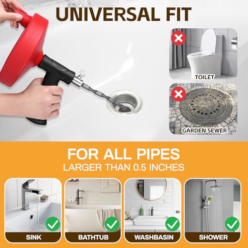 Drain Auger 33 ft, Plumbing Snake Hair Clog Remover Drain Snake Flexible Grabber Heavy Duty Sink Cleaner Tools for Shower Bathtub Bathroom Kitchen Pipe, Red - color: Red