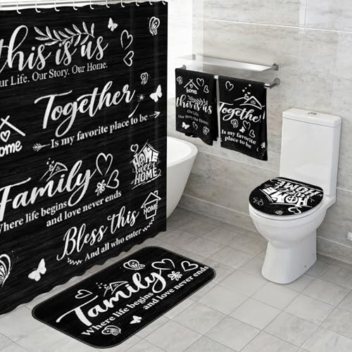 Tatuo 8 Pcs Family Shower Curtain Set Black Home Theme Bathroom Accessories Sets Farmhouse Rustic Waterproof Shower Curtain with Towels Carpet Bath Mat Toilet Rugs and 12 Hooks Housewarming Gift - style: Black Home