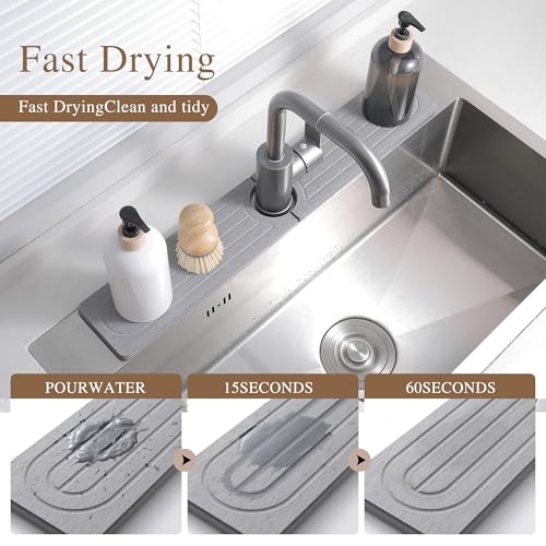 Diatomite Faucet Mat for Kitchen Sink, Quick-Dry Stone-Like Sink Mat, Flat Lay Absorbent Countertop Drying Mat for Faucet Area, Hard Diatomite Mat, Gray, 23.6 x 4 in - color: Gray2