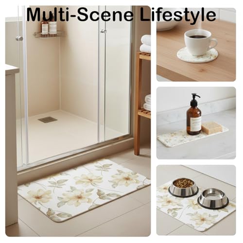 4 Pcs Diatomaceous Earth Stone Bath Mat Set, Non-Slip Super Absorbent Shower Mat (24"x16") with Stone Soap Dish & 2 Coasters, for Bathroom Floor, Vanity Counter & Kitchen Counter, Beige