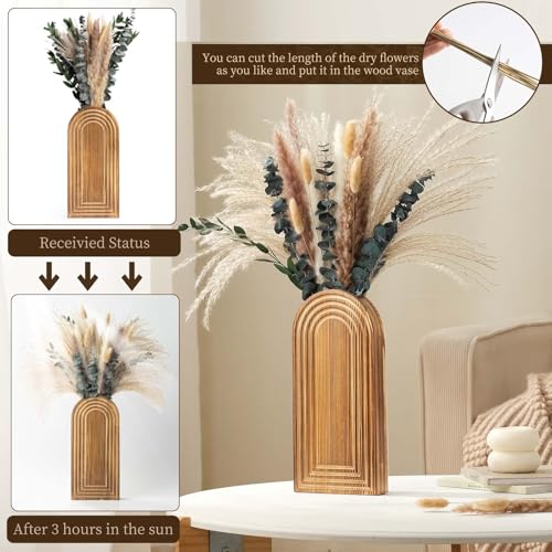 2 Pack Wooden Wall Vase Set with Pampas Grass Eucalyptus, Modern Farmhouse Boho Wall Decor for Living Room, Entryway, Hallway, Bathroom, Dining Room, Brown Wall Art for Home Decoration - color: Brown With Dry Flowers
