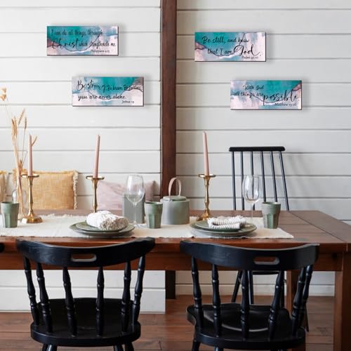 4 Pcs Teal Bathroom Decor Christian Wall Art Abstract Bible Verse Wall Decor Rustic Inspirational Wood Bathroom Accessories For Bedroom Kitchen Office(10 x 4 Inches, Teal) - color: Teal