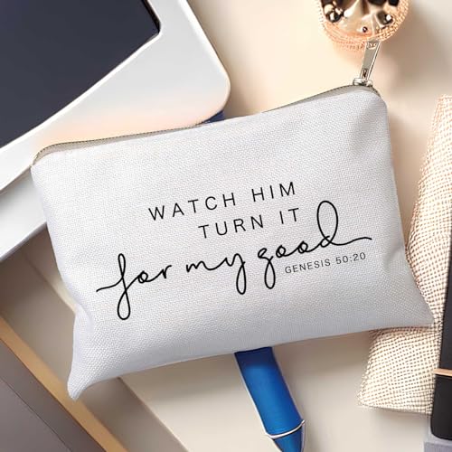 Watch Him Turn It For My Good Makeup Bag Christian Quote Faith Bible Scripture Sayings Makeup Case Linen Cotton Travel Bag Makeup Pouch Sister Gift - color: Watch Him