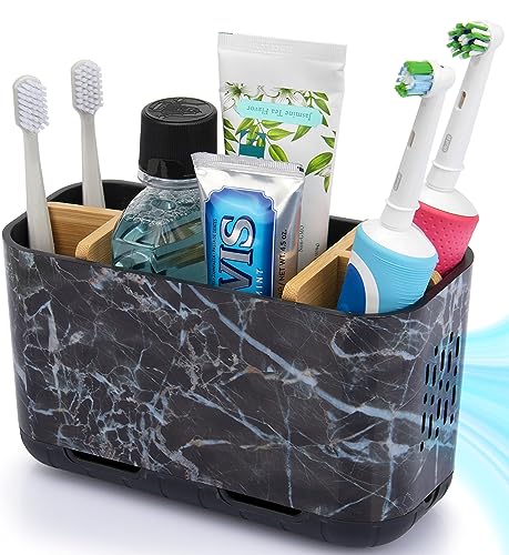 GFWARE Marble Toothbrush Holders, 5 Slots Bamboo Toothbrush and Toothpaste Holder for Bathroom Counter with Drainage, Kids Electric Toothbrush Organizer, Black Toothbrush Holders for Bathrooms - color: Marble-l