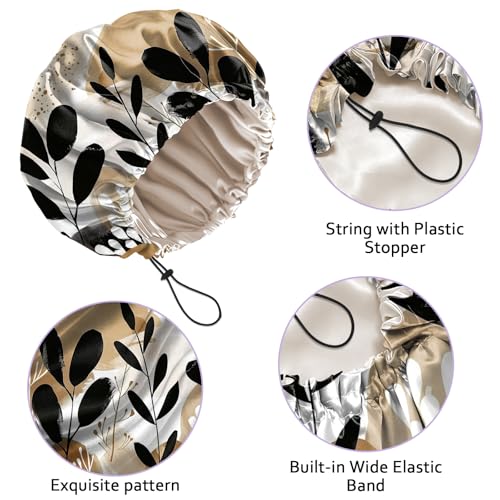 Luxury Shower Cap Silk Satin Lined Waterproof Reusable Adjustable Elastic Dry Hair Bathing Caps Cute for Women Girls-Leaf - color: C-13-Leaf