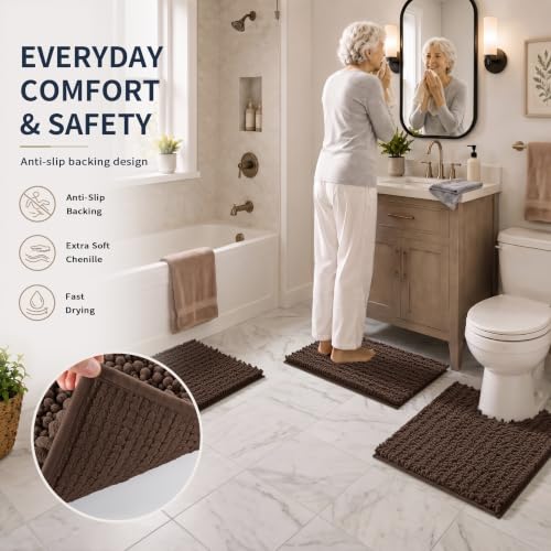 Yimobra Brown Bathroom Rug Set 3 Piece - Super Absorbent Quick Dry Chenille Bath Mats & Toilet Rug, Non Slip Machine Washable, Extra Thick Shaggy Floor Mat for Shower Tub Sink - color: Brown, size: 24"x17" + 24"x20" + 30"x20"