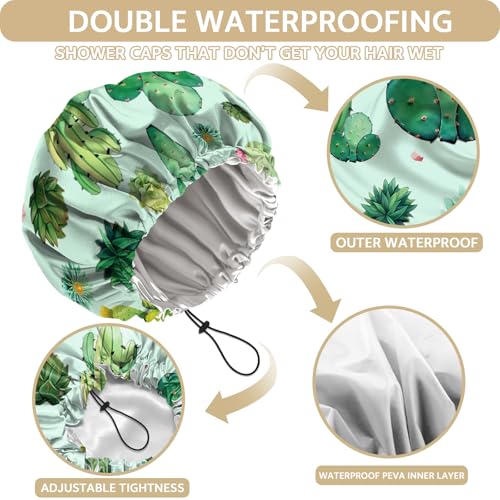 Shower Cap Adjustable Waterproof Double Layer Elastic Reusable Hair Bath Cap Cute Aesthetic for Women Girls-Cactus - color: R14-Cactus
