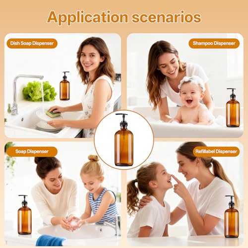Vitreaux Amber Glass Soap Dispenser 8oz, 3 Pack with Leak-Proof Pump, Refillable Small Glass Bottles for Hand Soap, Lotion, Shampoo & Dish Soap, Includes Protective Black Caps & Easy-Pour Funnel
