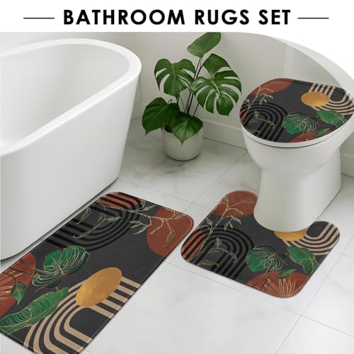 Brown Boho Mid Century Shower Curtain Set with Toilet Lid Cover and Non-Slip Rugs, Abstract Retro Grey Background 4 Pcs Modern Minimalist Aesthetic Shower Curtain for Bathroom Set with 12 Hooks - color: Grey