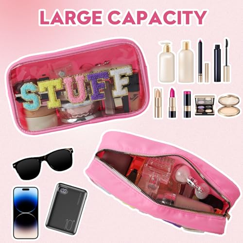STUFF Cosmetic Makeup Bag with Sewn on Chenille Letters for Women - PVC Clear Waterproof Sunscreen Organizer for Beach, Swim & Travel, Toiletry SPF Pouch - style: Pink Stuff