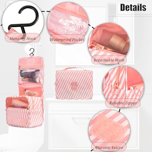 L&FY Hanging Travel Toiletry Bag Women's Cosmetic Organizer Makeup Case Pouch Men's Shaving Kits With Handle（Pink Stripe） - color: Pink Stripe, size: Compact Size