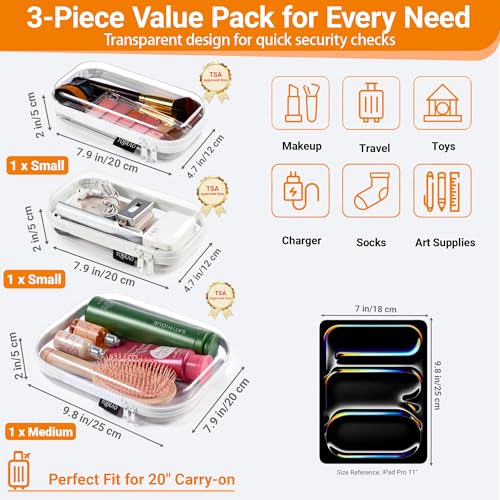YQBRAO Clear Hard Shell Organizer Cases, 3-Pack, White | Rigid 1.2 mm clear PET organizers with multi-size design for travel, home storage, and everyday essentials. - color: White, size: MSS