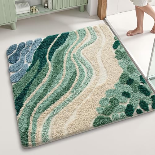 LUMI Beach Bathroom Rug Square, Non Slip Bath Mat Quick Dry, Ultra Soft Washable Absorbent, Ocean Sea Theme Bath Rug for Shower Floor, Home Decor, Kids Room, Bathtub, 32"x32" - color: A-beach Green, size: 32"x32"(Square)